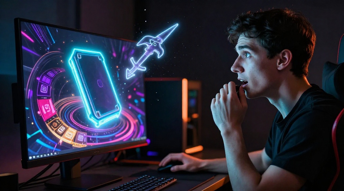 Геймер открывает кейс CS2 на сайте cs2case, напряжённое ожидание результата, неоновая подсветка экрана